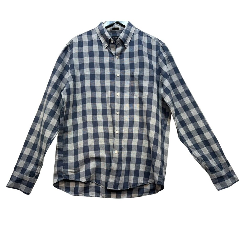 J. Crew Mens Slim Fit Long Sleeve Shirt L Blue & White Plaid Linen Cotton